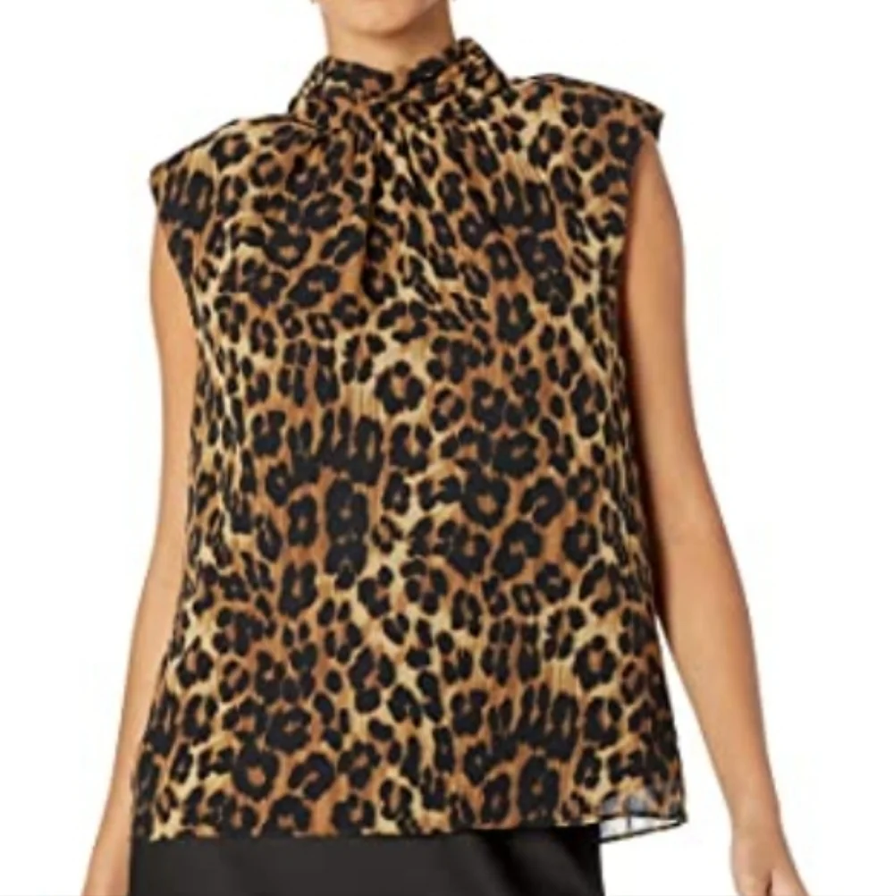 MILLY Rori Leopard Print Chiffon Sleeveless Blouse Top‎ Padded Shoulders Medium